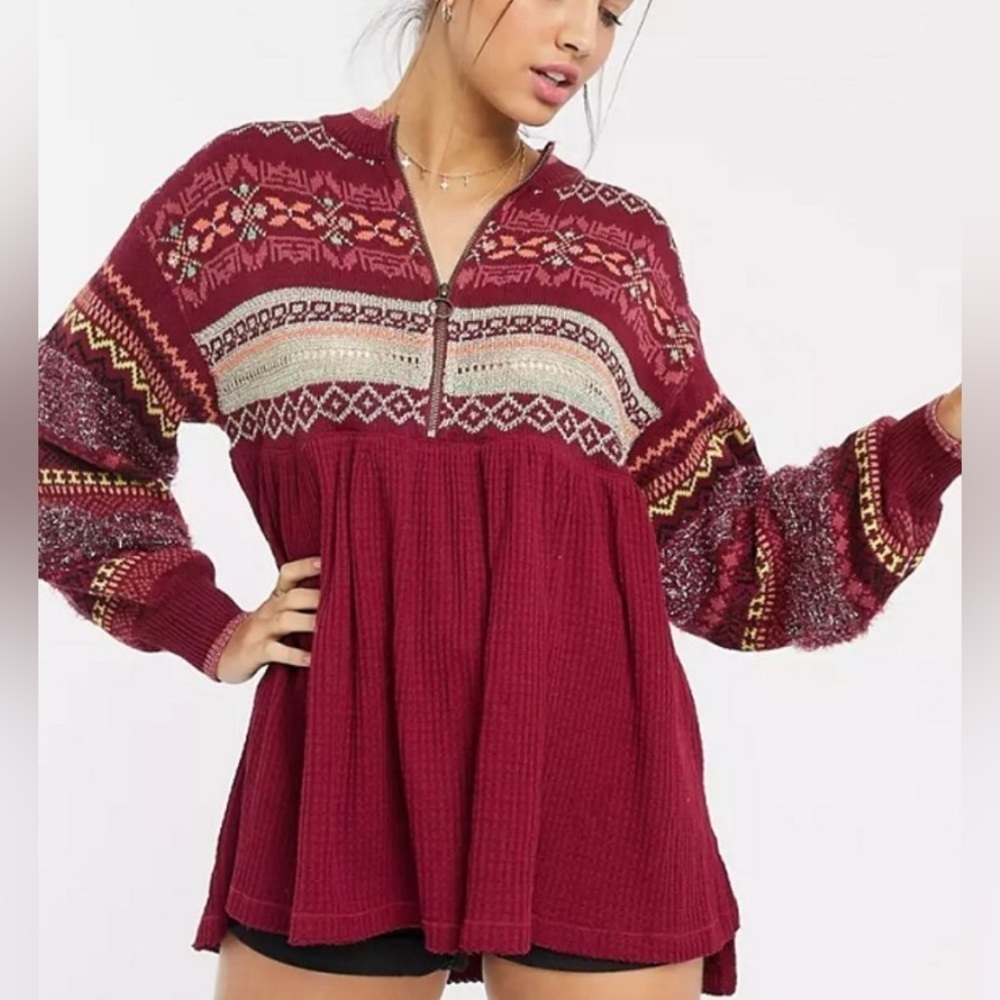 Free People Cabin Fever Burgundy Patterned Half Zip Tunic XS